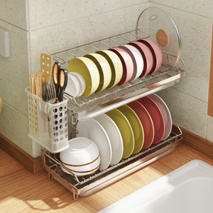 304不锈钢碗架沥水架双层碗碟架家用厨房置物架碗盘收纳台面小型