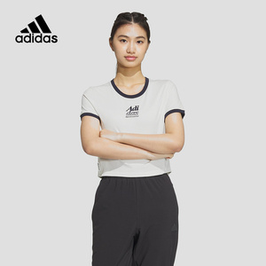 Adidas阿迪达斯短袖女款2024夏新款圆领拼接透气短款棉T恤JI6880