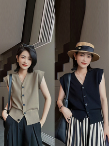韩版时尚气质显瘦百搭针织纯色马甲女2023夏季飞飞袖V领无袖开衫