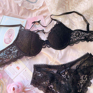 黑色蕾丝少女纯欲风内衣薄款蝴蝶结细带细绳性感内衣胸罩文胸套装
