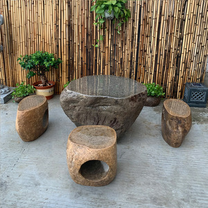 石桌石凳庭院花园石桌子一套别墅户外公园天然石头鹅卵石整石桌椅