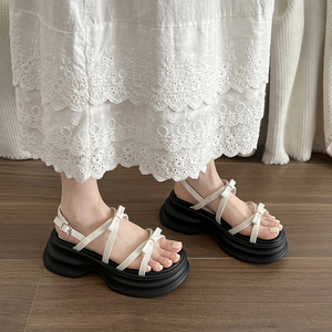 南在南方法式蝴蝶结厚底凉鞋女款2024新款夏季外穿白色仙女罗马鞋