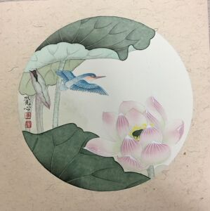 现货国画花鸟团扇纸质扇面卡纸粉荷花翠鸟纯手绘工笔画装饰画