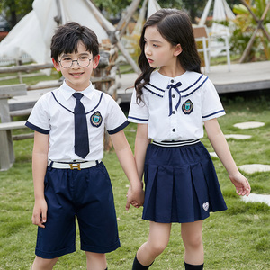 幼儿童表演服小学生班服夏季中大男女童短袖白衬衣短裙裤套装礼服