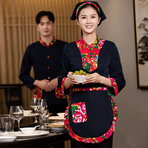 中式农家乐服务员工作服长袖土家菜饭店火锅店东北大花民族风服装