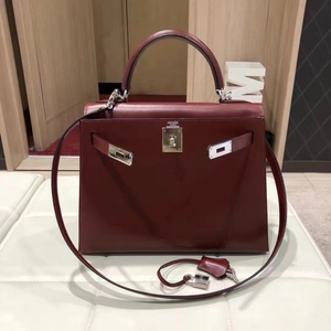 二手奢侈品 爱马仕hermes kelly28 酒红双环外缝手提单肩包_阿里巴巴