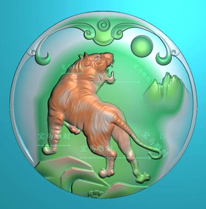 精雕图老虎圆牌浮雕图山水虎玉雕图十二生肖猛虎动物上山虎