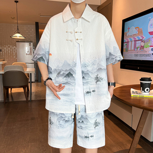 中国风休闲套装男夏季水墨画短袖衬衫男一整套穿搭新中式国潮衣服