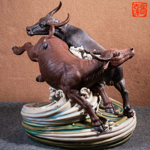 公仔陶瓷工艺品冯志伟双牛手工中式吉祥物牛转乾坤冯志伟陶塑设计室