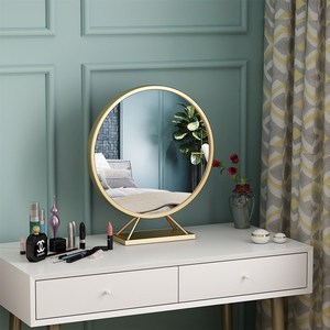 金色圆形梳妆镜子桌面家用台式卧室座镜铁艺北欧化妆镜梳妆台镜子