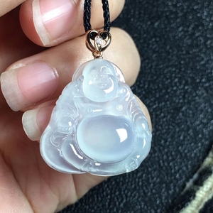 天然a货缅甸翡翠佛公吊坠高冰种可爱布袋佛18k金镶玉女款玉佛挂件