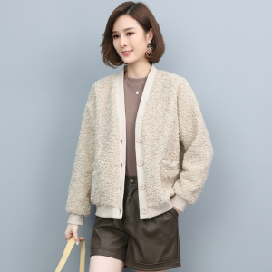 和尚领羊卷毛外套女土短款深v领无领中年妈妈装羊羔绒糕毛短上衣