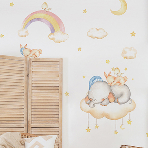 北欧云朵大象卡通儿童房卧室卡通墙贴纸温馨室内墙壁装饰自粘贴画