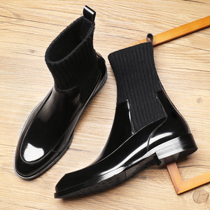 男士中筒英俊皮靴子漆皮高帮皮鞋英伦风真皮切尔西袜靴亮面烟筒靴