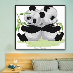 双子熊猫黑白熊猫吃竹叶国宝新款客厅动物十字绣
