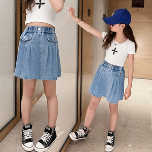 女童短裙夏季薄款洋气女孩牛仔半身裙中大童夏装百褶夏天儿童裙子