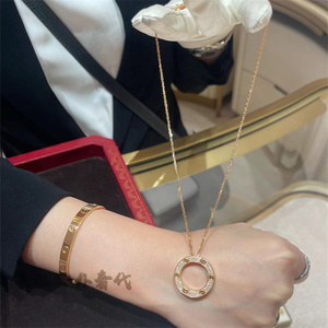 cartier/卡地亚love圆饼系列大饼项链18k玫瑰金镶钻满钻锁骨链女