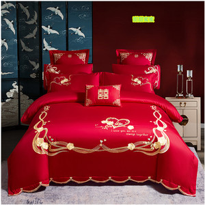 中式喜庆龙凤结婚纯棉1.8米床四件套全棉大红色新婚双人被罩床单