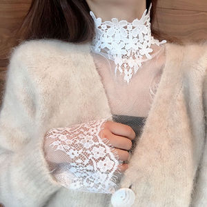蕾丝打底衫女韩版百搭秋季薄款很仙的内搭雪纺衫长袖白色网纱上衣