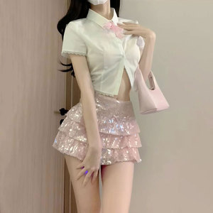 粉色亮片甜美低腰蛋糕裙短款修身衬衫女夏季学院风纯欲性感两件套