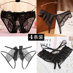 4条装性感蕾丝内裤女士火辣超薄透明网纱开口t裤头诱惑开裆丁字裤