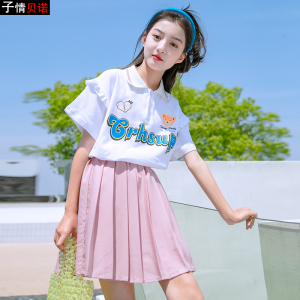 女童夏季短袖套装2022新款中大童百褶裙两件套13岁女孩洋气夏装潮