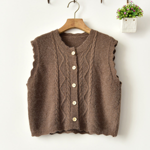 纽扣开衫毛线针织坎肩马甲女短款背心宽松花边学院风马夹无袖外套
