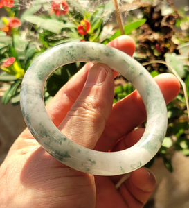 横裂清仓 天然水沫玉手镯圆条~高冰种蓝花雪花棉圈口59 007号