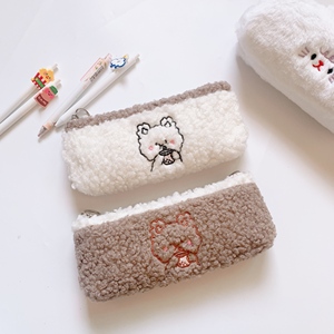 ins少女心毛绒笔袋韩版网红女生初中学生简约羊羔毛文具盒收纳包