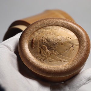 山宁竹舍 名家非遗传人刘向荣竹雕送下观瀑玉竹茶叶罐