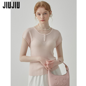 JIUJIU复古少女粉色显白羊毛针织衫女短袖2024夏季新款气质上衣