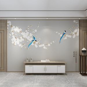 新中式壁布电视背景墙清新淡雅花鸟卧室客厅沙发影视墙纸无缝壁画