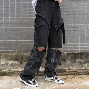 可拆卸高腰牛仔裤