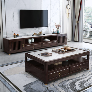 新中式岩板电视柜茶几组合现代简约实木地柜轻奢客厅墙柜储物金属