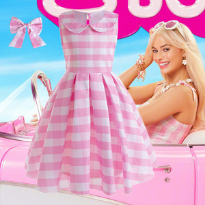 女童真人芭比粉色格子连衣裙吊带洋气cosplay电影同款演出服气质