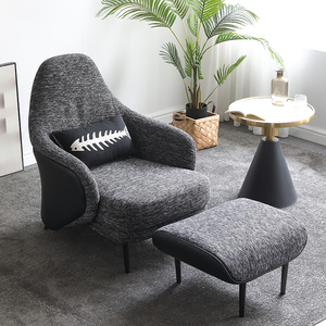 北欧酒店美容院单人沙发棉麻脚踏客厅轻奢沙发不锈钢实木网红单椅