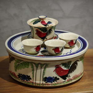 潮州老枫溪茶具手绘工夫公鸡茶盘 鸡公潮汕库存茶杯盖碗古玩收藏