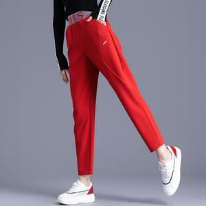 大红色运动裤女宽松针织裤子女显瘦百搭秋冬休闲裤哈伦裤萝卜卫裤
