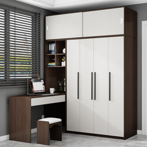 胡桃色衣柜转角书桌书架一体北欧家用卧室小户型电脑衣柜桌组合