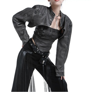 潮酷挺阔垫肩拼接超短小外套机车风做旧灰黑pu皮夹克 抹胸背心女