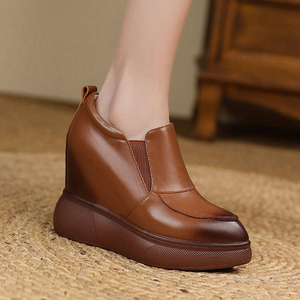 12cm内增高女鞋2022春季真皮棕色厚底坡跟百搭矮小个子超高跟单鞋