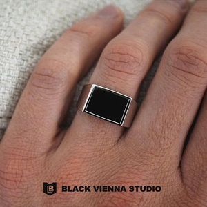 黑色方形钛钢戒指男女欧美复古嘻哈个性几何图案指环不掉色饰品潮