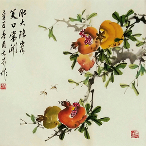 国画写意花鸟水墨画真迹作品石榴笑口常开三尺斗方画芯50cm*50cm
