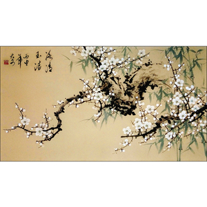 国画花鸟作品厅画真迹白色梅花冰清玉洁仿古色画芯横幅94cm*50cm
