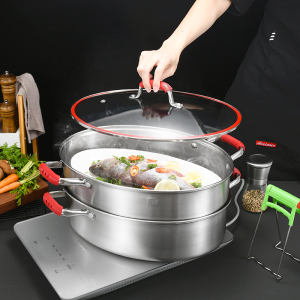 蒸鱼锅304不锈钢蒸鱼神器特大号家用煮鱼锅大容量大号椭圆形蒸锅