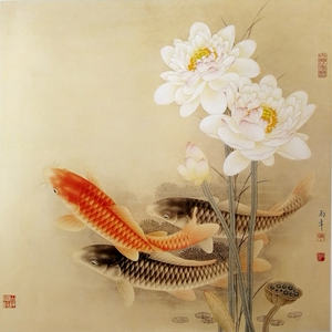 工笔画底稿 路雨年荷花鲤鱼斗方 白描21#打印稿 宣纸稿学习临摹
