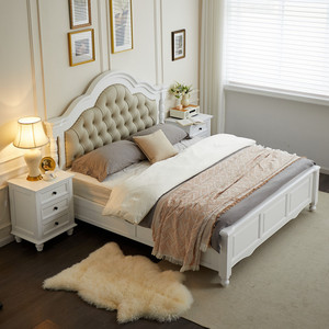 美式全实木床奶油风白色公主主卧室家具真皮软靠1.8米双人大婚床