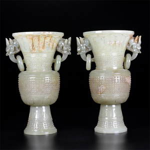 文玩回流和田玉雕双耳吊环花瓶玉瓶摆件一对器皿古玩古玉老玉收藏