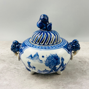 日本回流京烧世家道八作染付青花双耳香炉日式陶瓷香薰炉装饰摆件