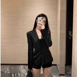 韩国大姐姐黑色收腰双面缎显瘦西装外套女御姐辣妹高级感气质西服